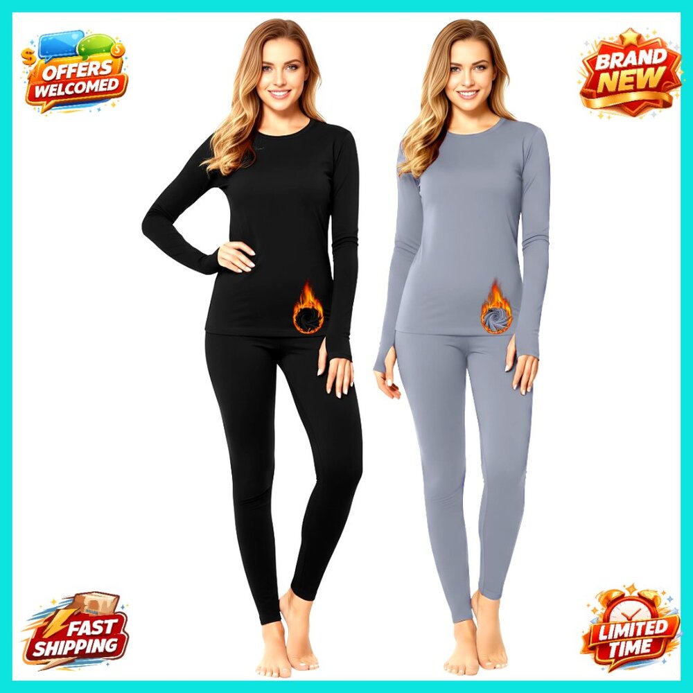 Women's Fleece-Lined Thermal Underwear Set Long Sleeve Base Layer Top Bottom